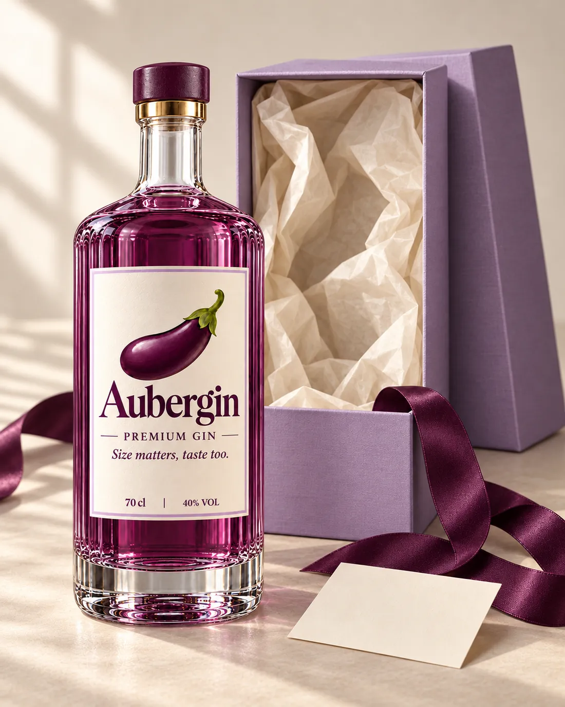 Aubergin bottle beside an open lavender gift box with tissue paper, a purple ribbon and a blank gift card