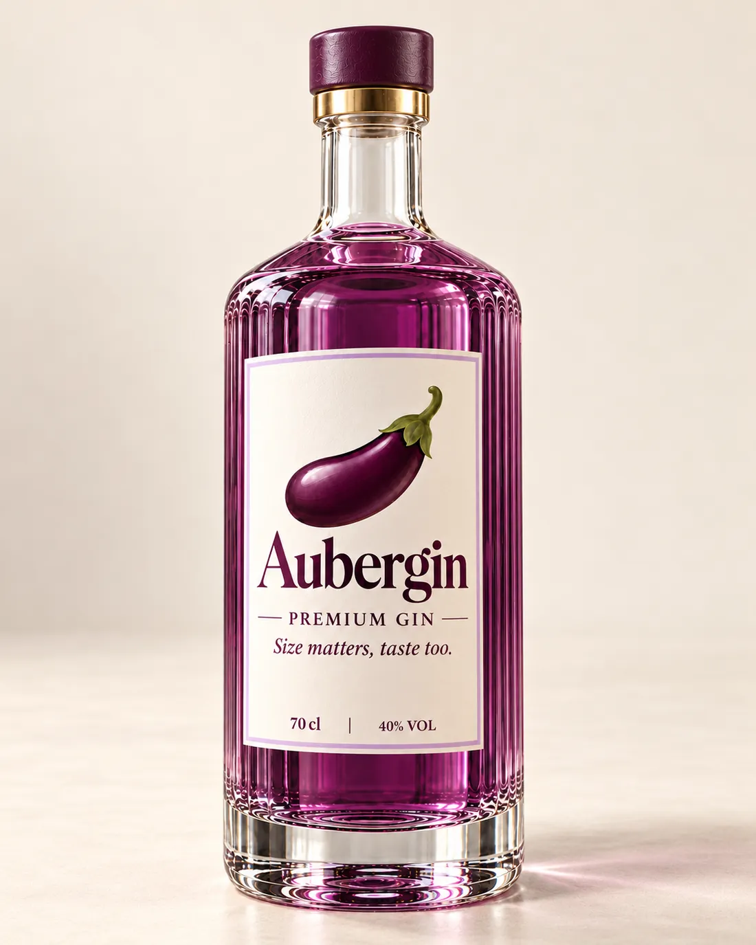 Aubergin premium gin, 70 cl bottle at a three-quarter angle
