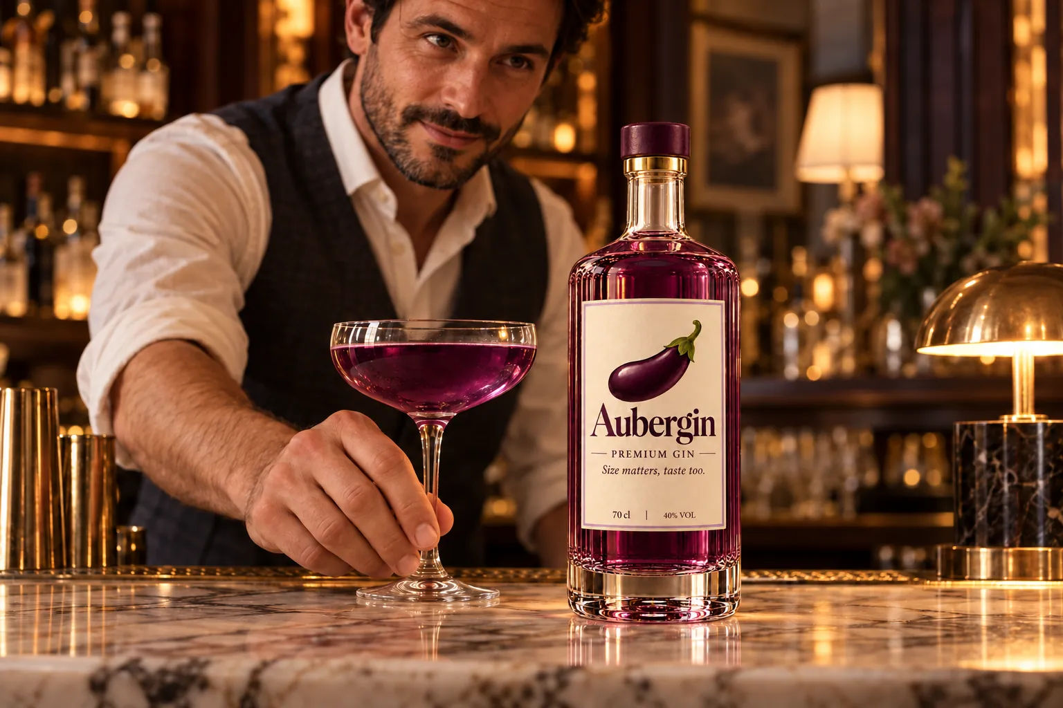 Bartender serving a purple coupe cocktail next to an Aubergin bottle in a hotel bar