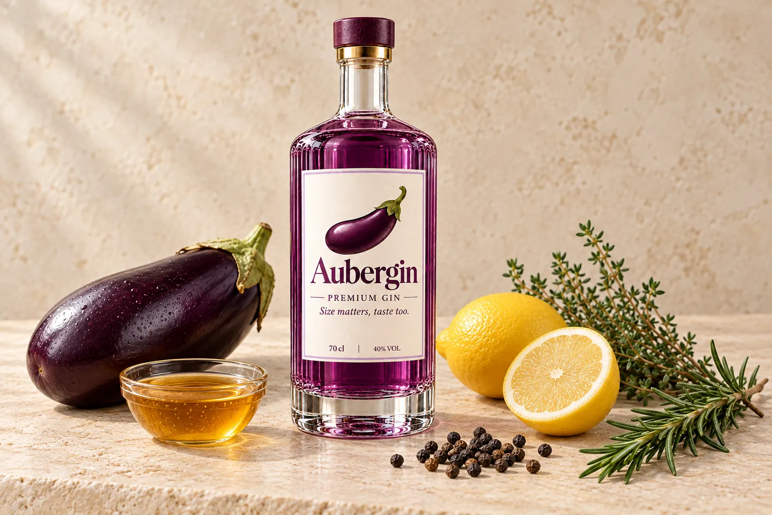 De fles Aubergin met alle zes ingrediënten: aubergine, honing, citroen, zwarte peperkorrels, tijm en rozemarijn