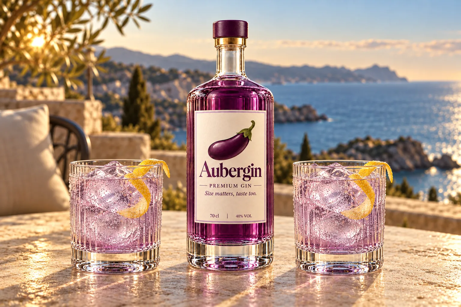 Aubergin bottle with two purple gin and tonics on a sunny terrace overlooking the sea