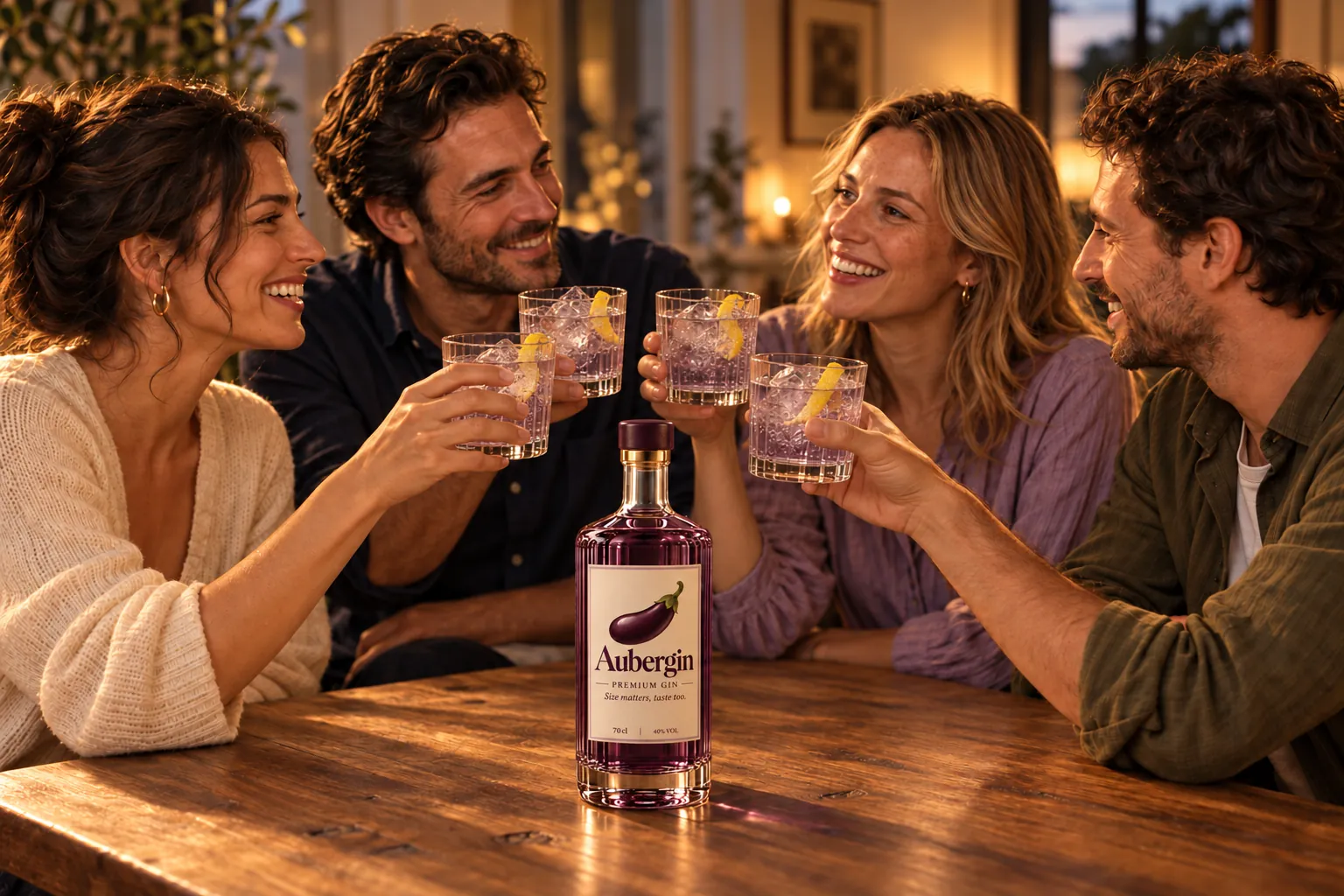 Vrienden proosten met paarse gin-tonics rond een fles Aubergin