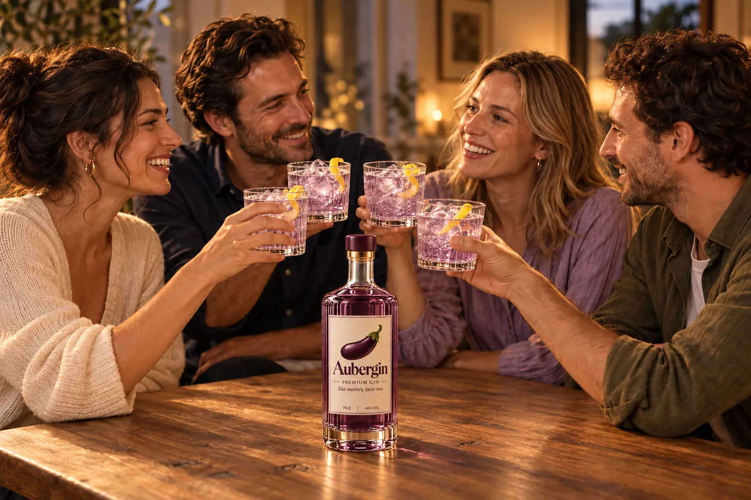 Friends toasting with purple gin and tonics around an Aubergin bottle